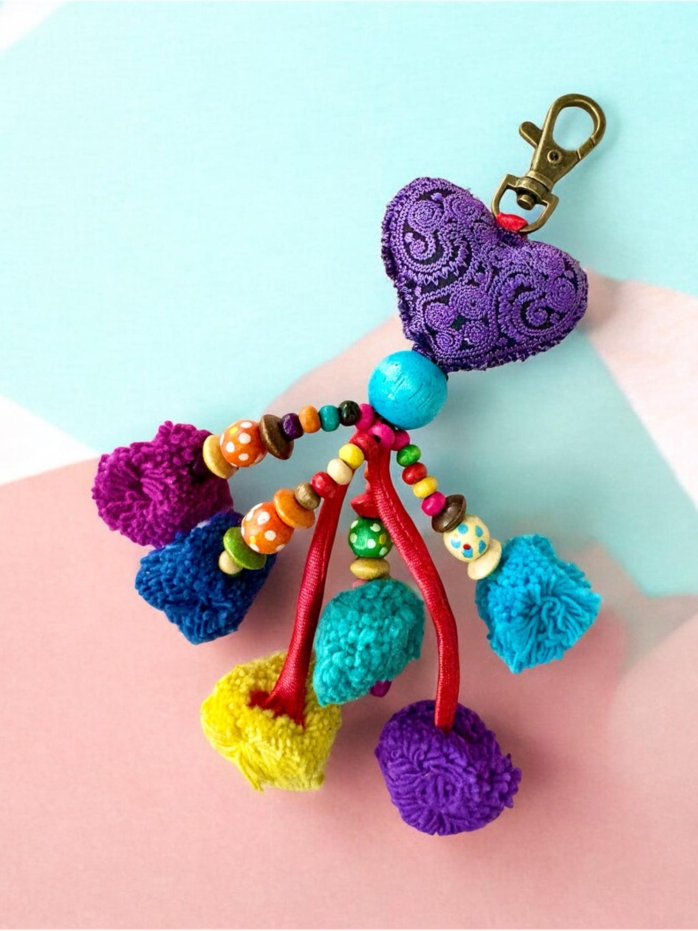 Boho chic Colorful Pom-Pom puffy Heart Keychain bag- Purple, Teal, Yellow